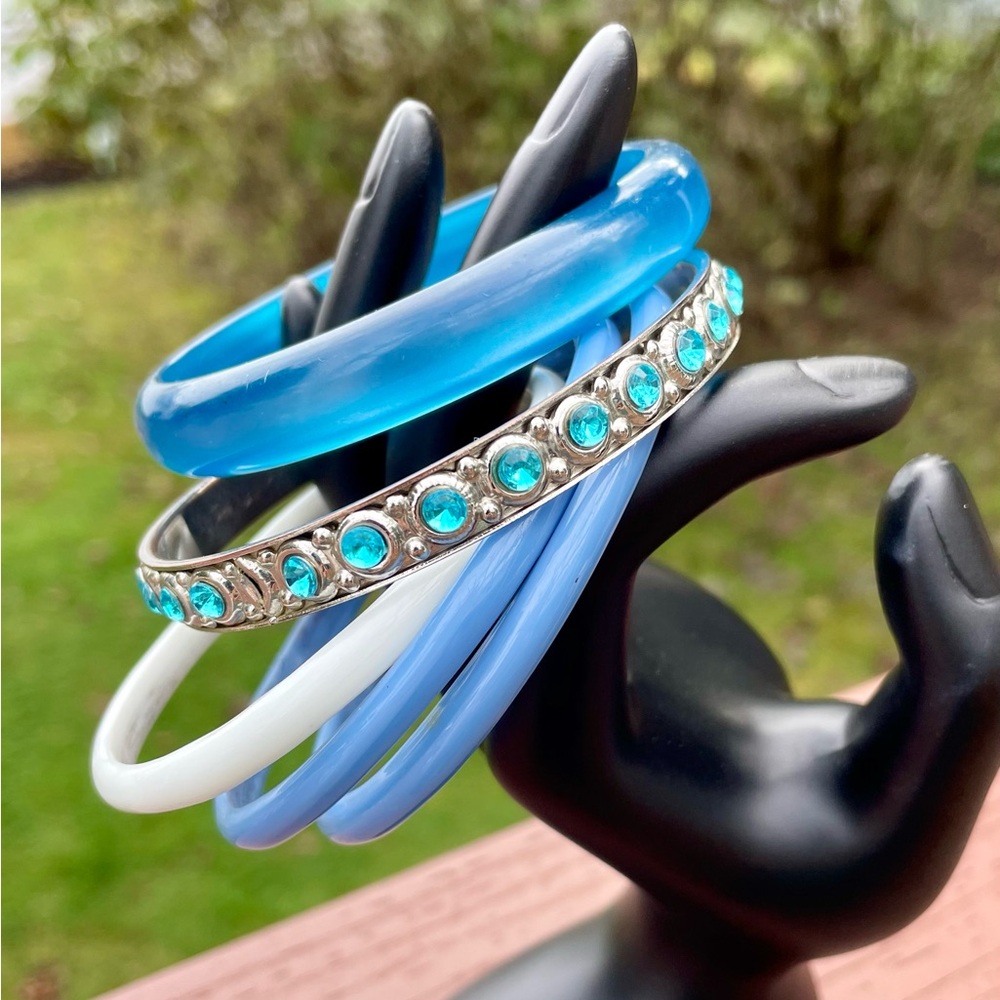 Lot of Five Vintage Bangle Bracelets Blue Silver and White Boho Style